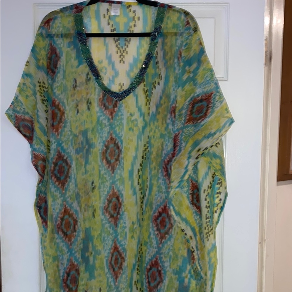 Green and Blue Oversized Sleeveless Tunic Multi Color Beaded Neckline
